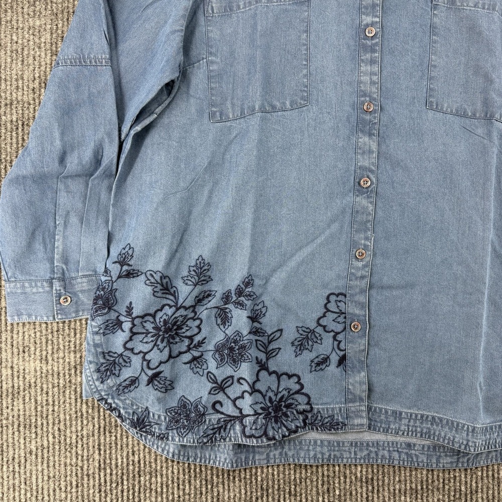 Tencel Chambray Floral Denim Shirt XL Oversized Boho Cottagecore Button Up NWT - Picture 3 of 9